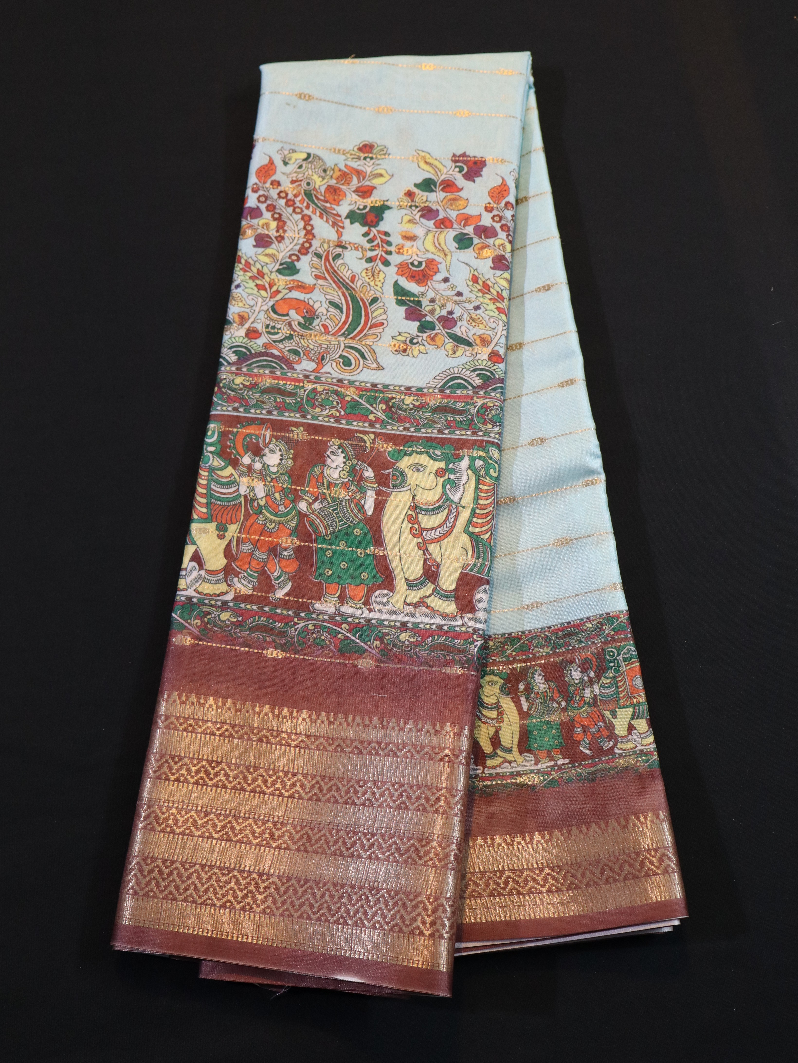 SOFT BANARASI SILK WITH KALAMKARI PRINTS-PASTEL BLUE ARAKU