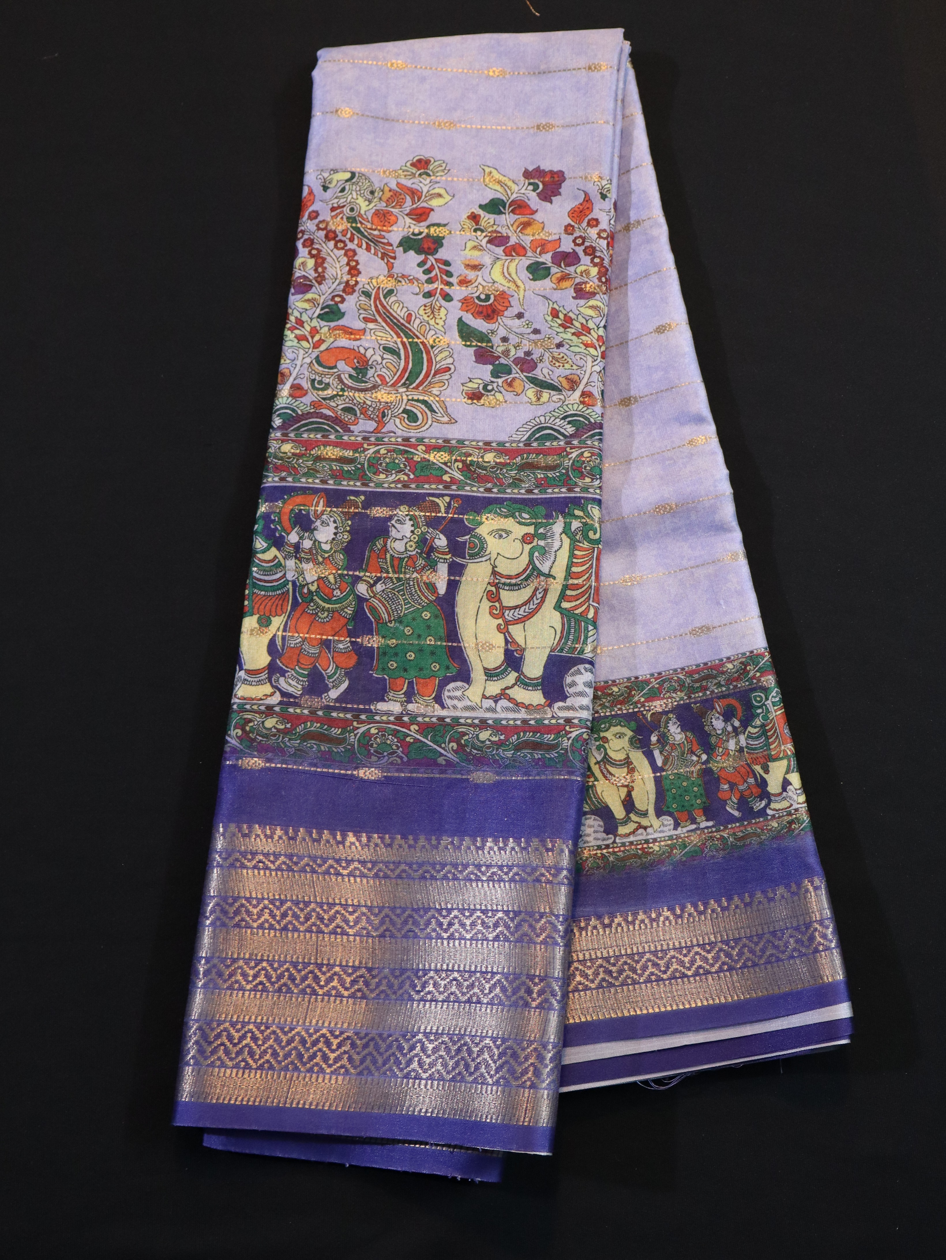 SOFT BANARASI SILK WITH KALAMKARI PRINTS-LAVENDER VIOLET