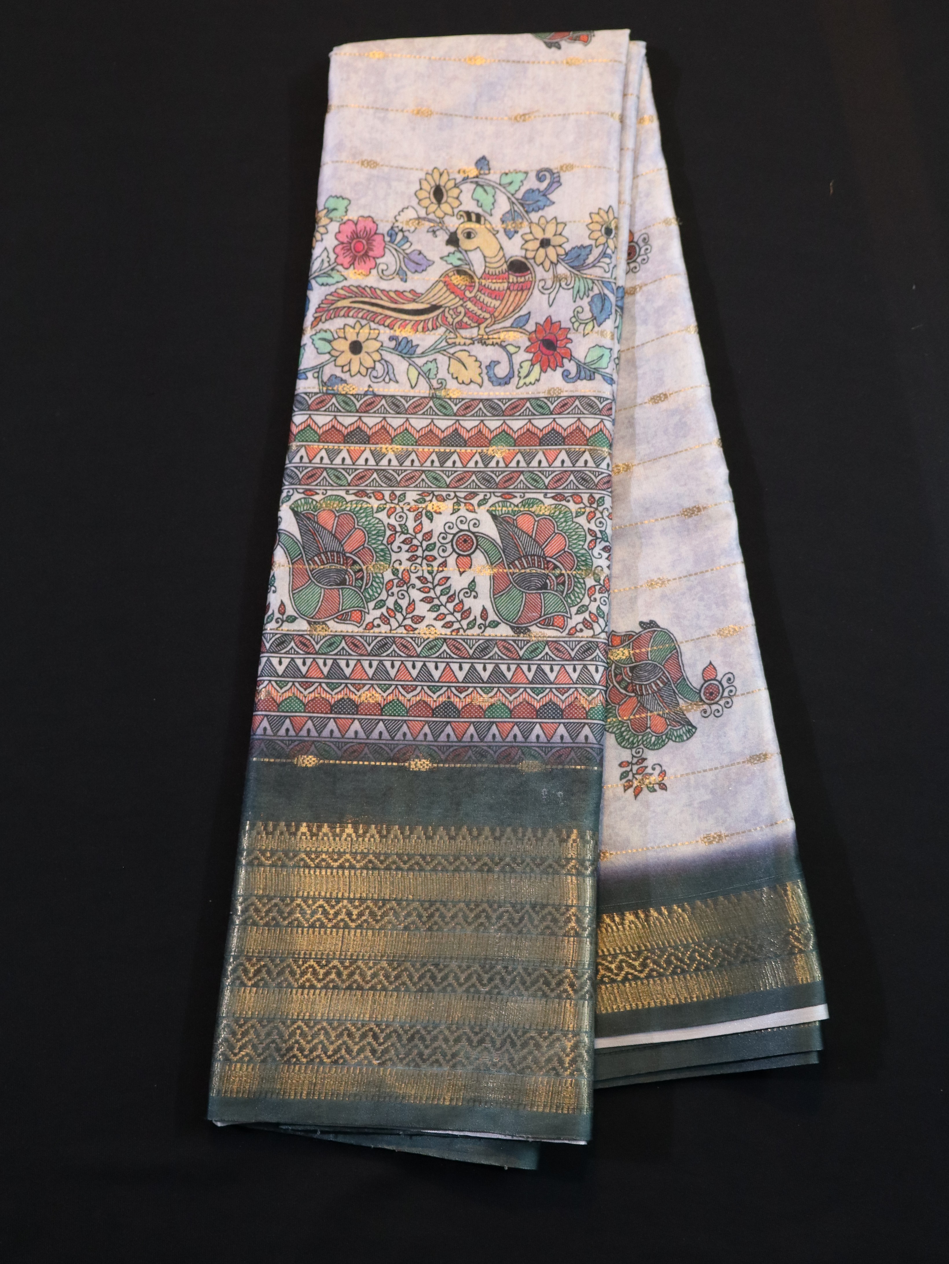 SOFT BANARASI SILK WITH KALAMKARI PRINTS-MIST PINK GREEN