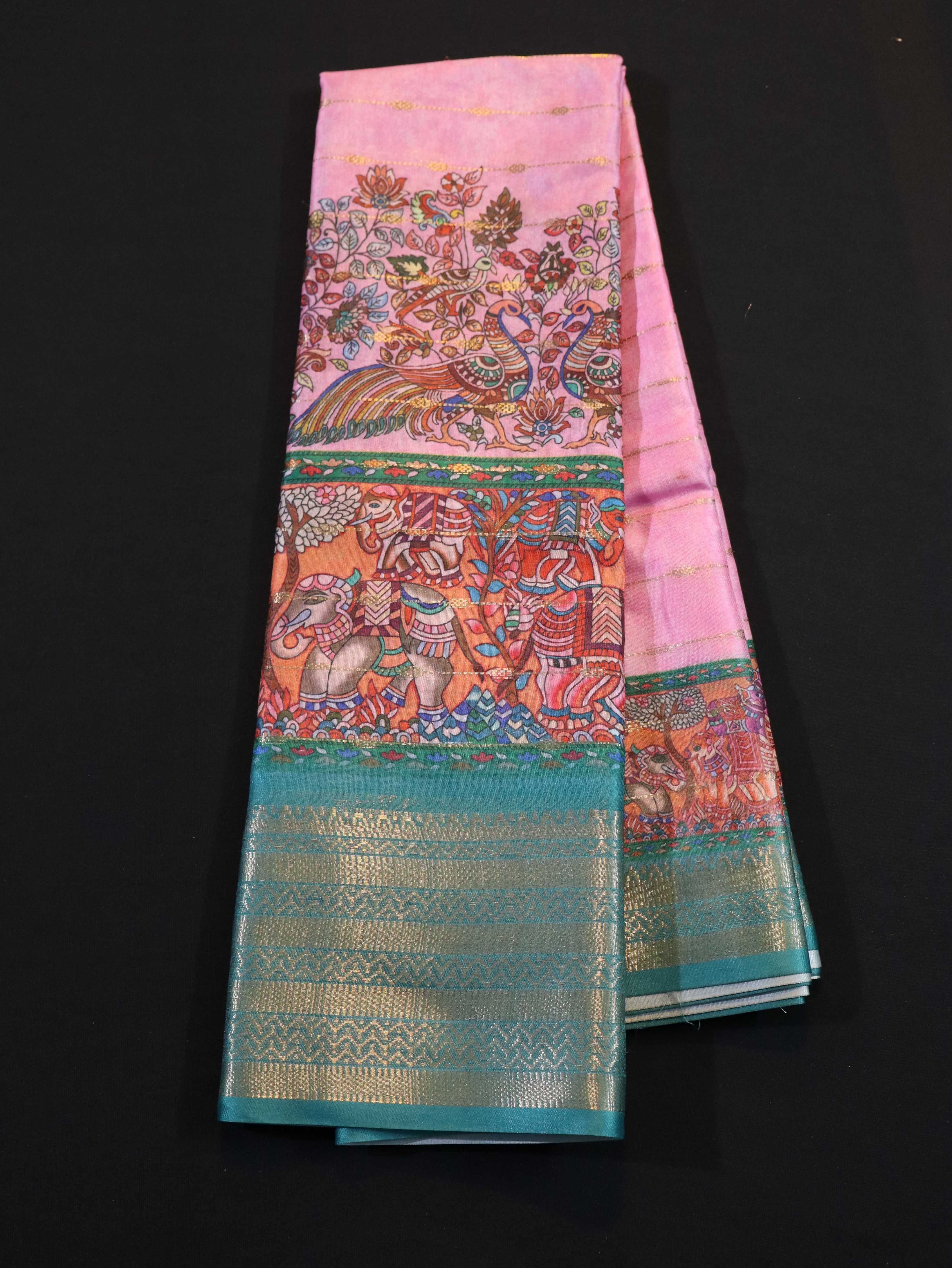 SOFT BANARASI SILK WITH KALAMKARI PRINTS-ROSE SAPPHIRE
