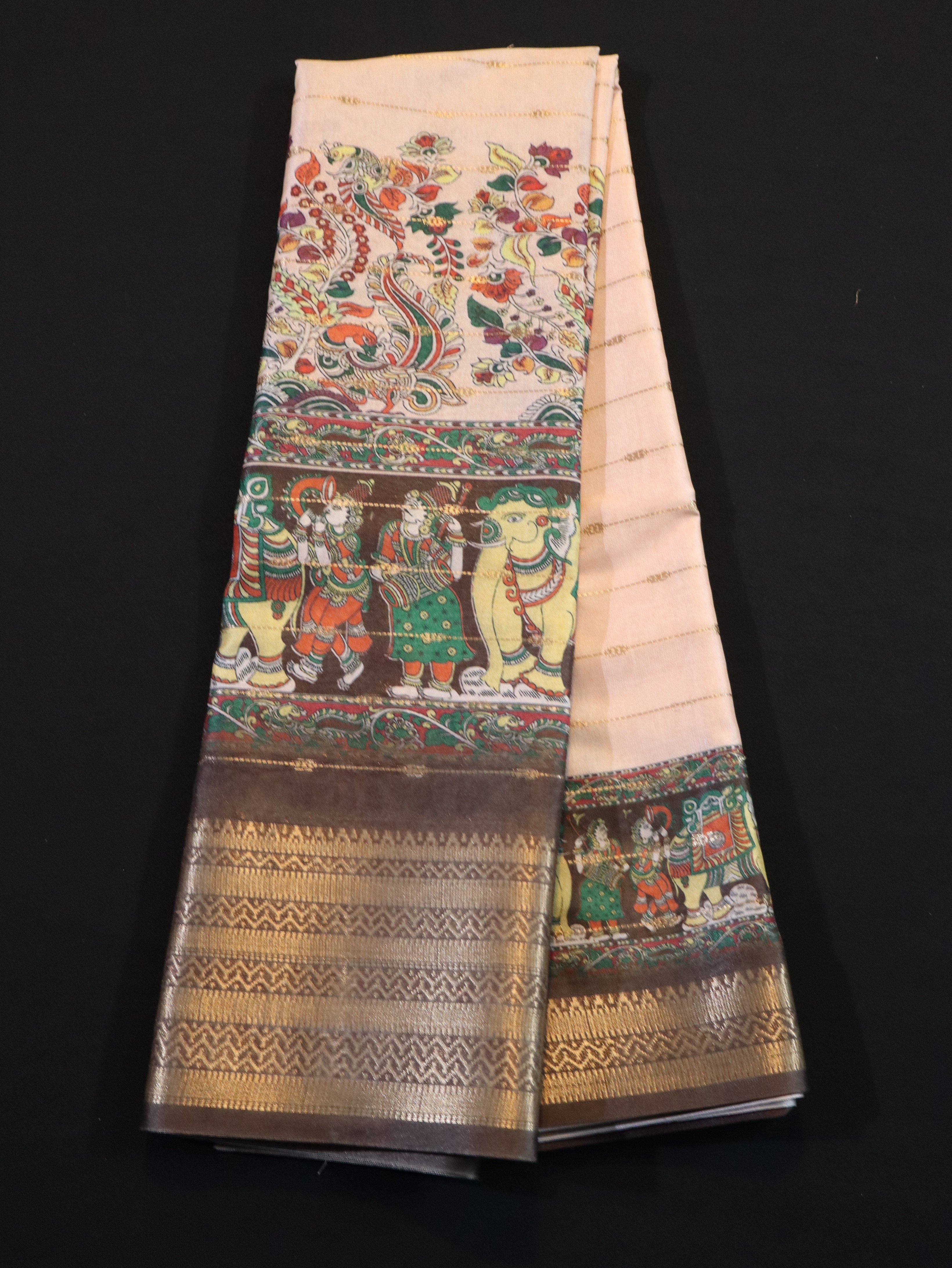 SOFT BANARASI SILK WITH KALAMKARI PRINTS-ROSE SANDAL
