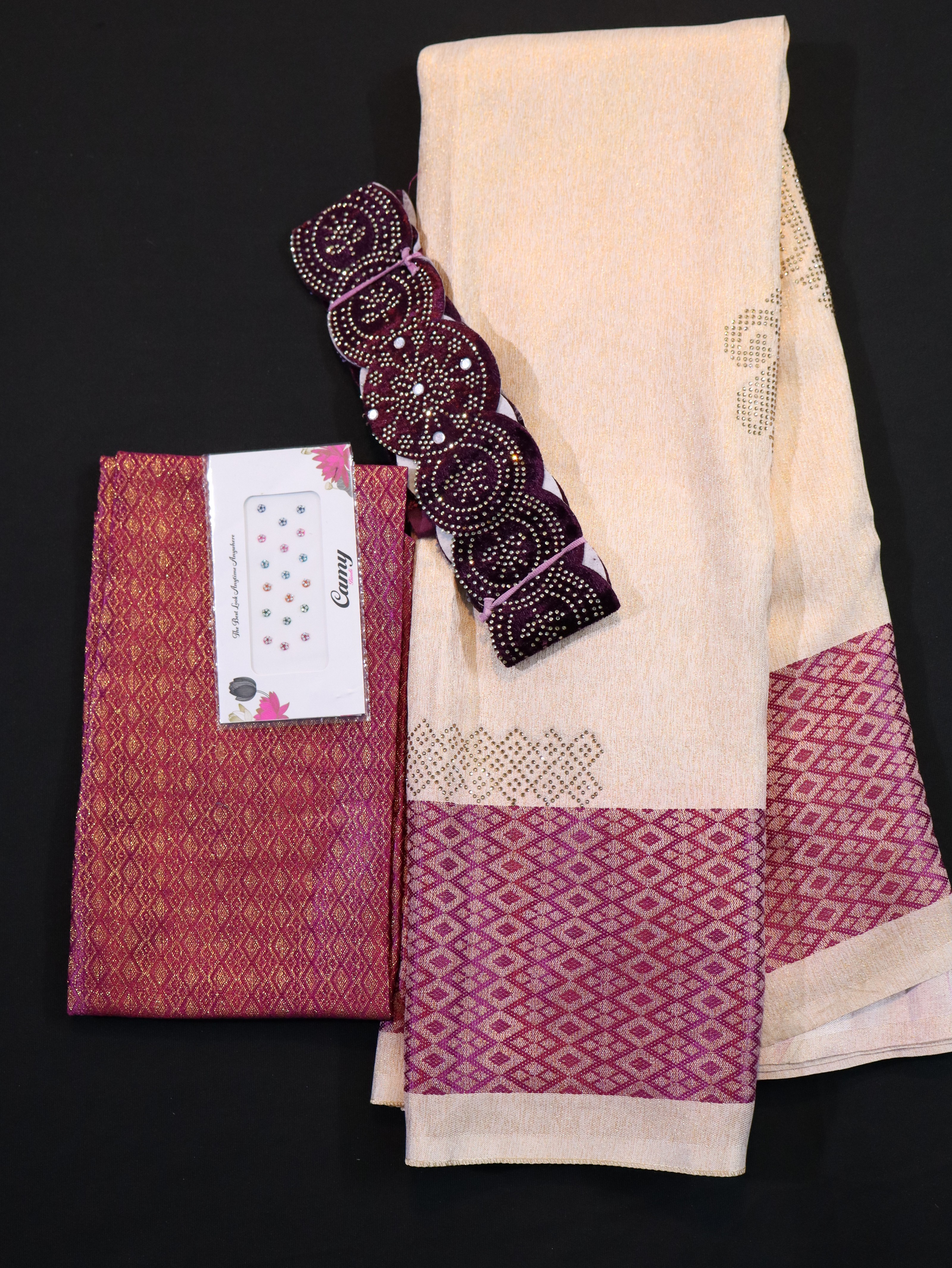 DOLA SEMI SILK SAREE WITH DESIGNER BLOUSE ,BELT AND BHINDI-1