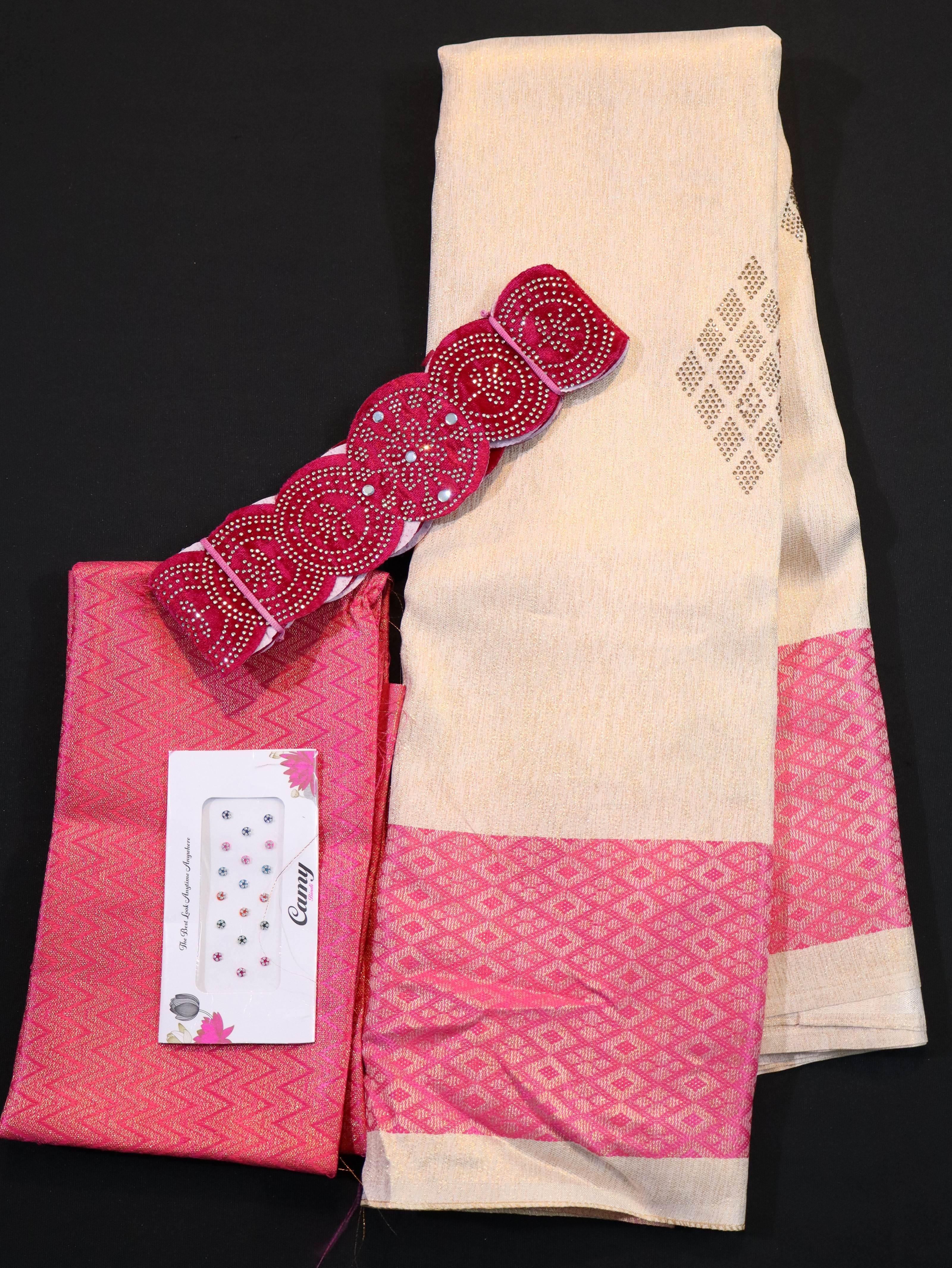DOLA SEMI SILK SAREE WITH DESIGNER BLOUSE ,BELT AND BHINDI-2